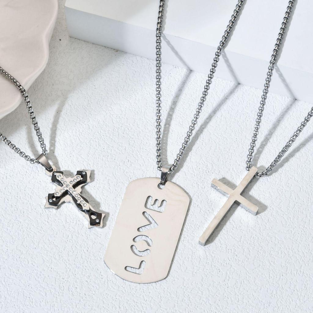 European & American High-End Stainless Steel Street Style Cross Necklace with Trendy Cool Letter Hollow Tag