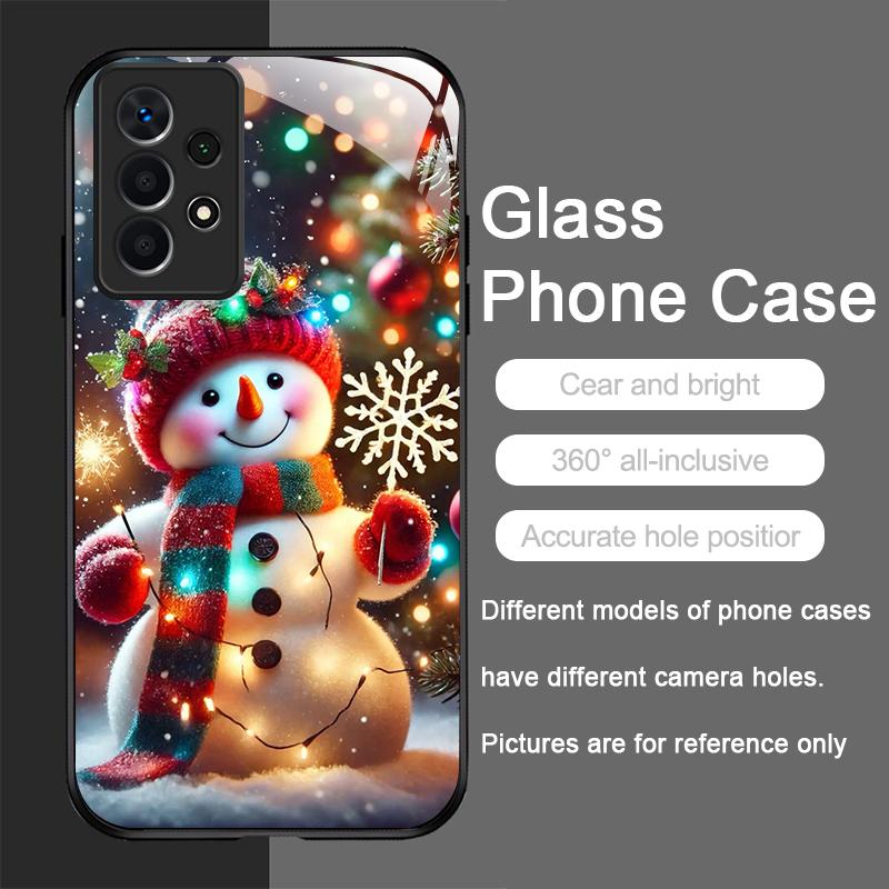 Cute Winter Snowman Christmas Tree Pattern Tempered Glass Phone Case for Samsung Galaxy A56 A55 A54 A53 A52 A36 A14 A15 5G Cover
