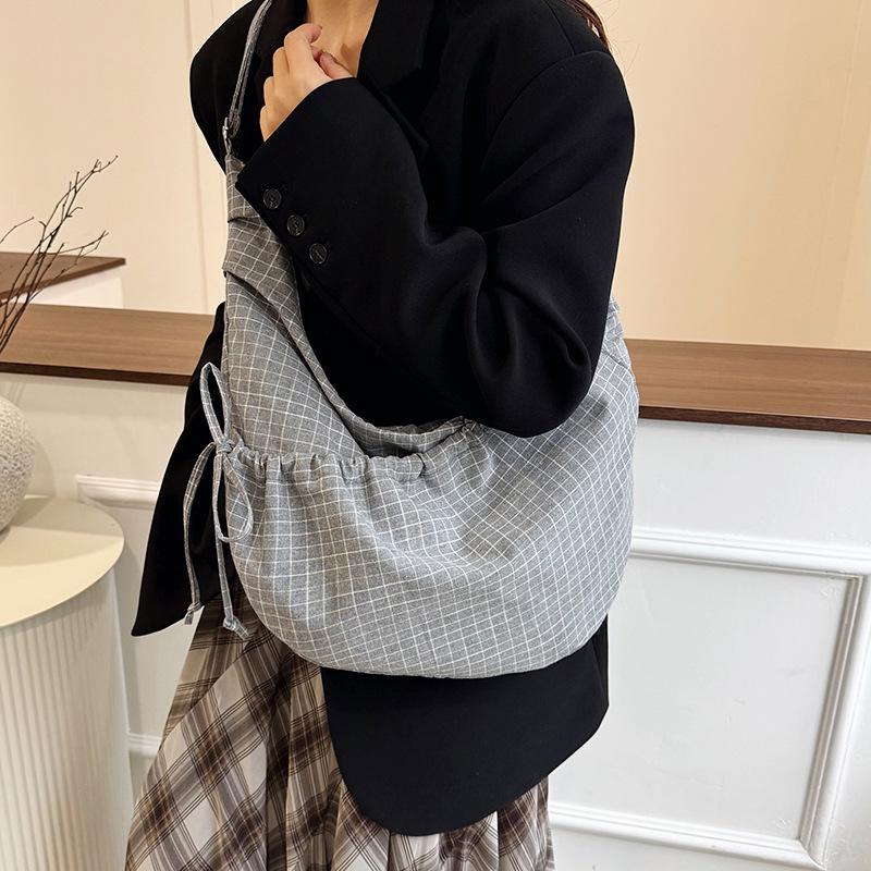 Women's 2025 Korean Style Plaid Canvas Bag - Large Capacity Shoulder & Crossbody Dumpling Bag