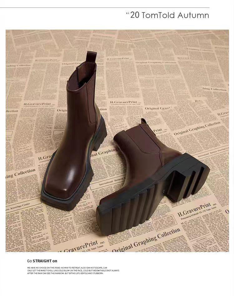 Square Martin Boots Women's British Smoke Boots Pu Thick Sole Heightening Thick Heel Chelsea Short Boots