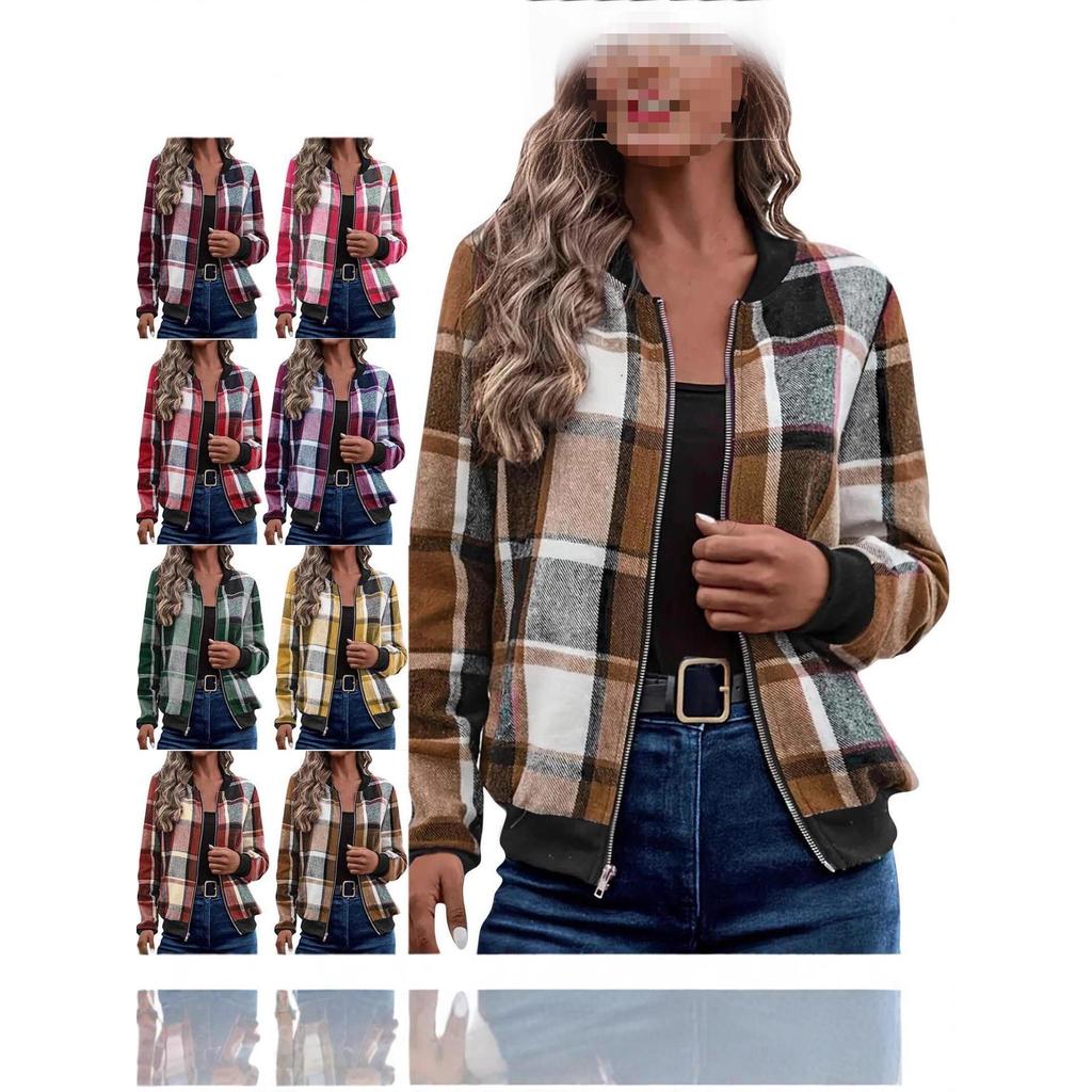 2025 Women's Plaid Zipper Baseball Jacket for Autumn/Winter