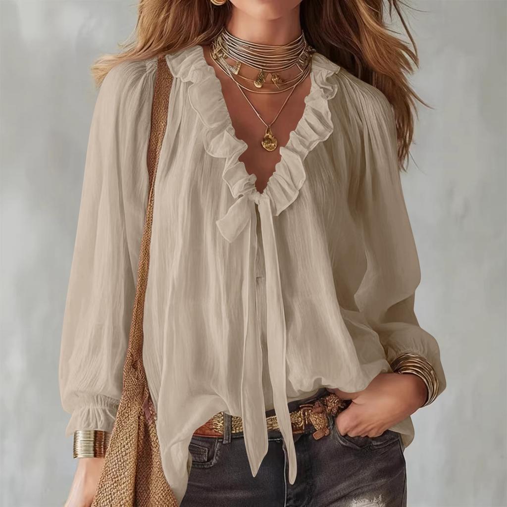 Ladies Linen Shirt with Ruffle Neckline Womens Tops Blouses Denim Shirt Women Ladies Tops Size 14 for Everyday Wear