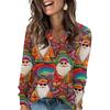 Women's Fashionable Loose-Fit V-Neck Long-Sleeved T-Shirt Christmas Print Pullover