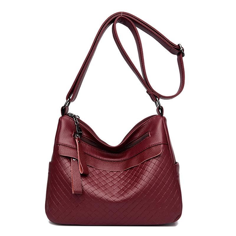 Middle-aged Handbag Embossed Diamond Pattern Shoulder Bag 2025 New Multi-layer Soft Leather Solid Color Large-capacity Multi-pocket Crossbody Bag