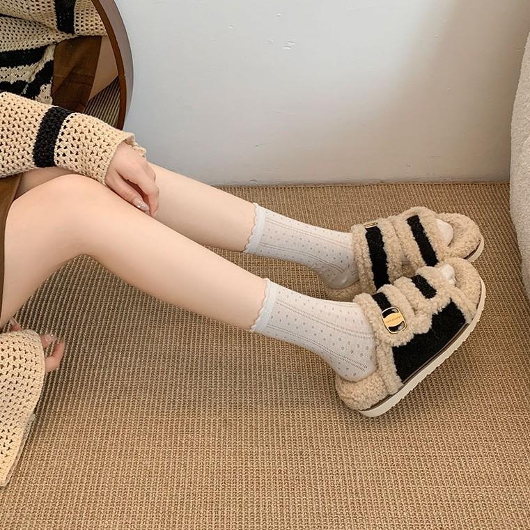 Queen Fan Black Retro Thick-bottomed Fluffy Slippers Women's Outwear 2025 New Autumn and Winter Non-slip Versatile One-word Drop