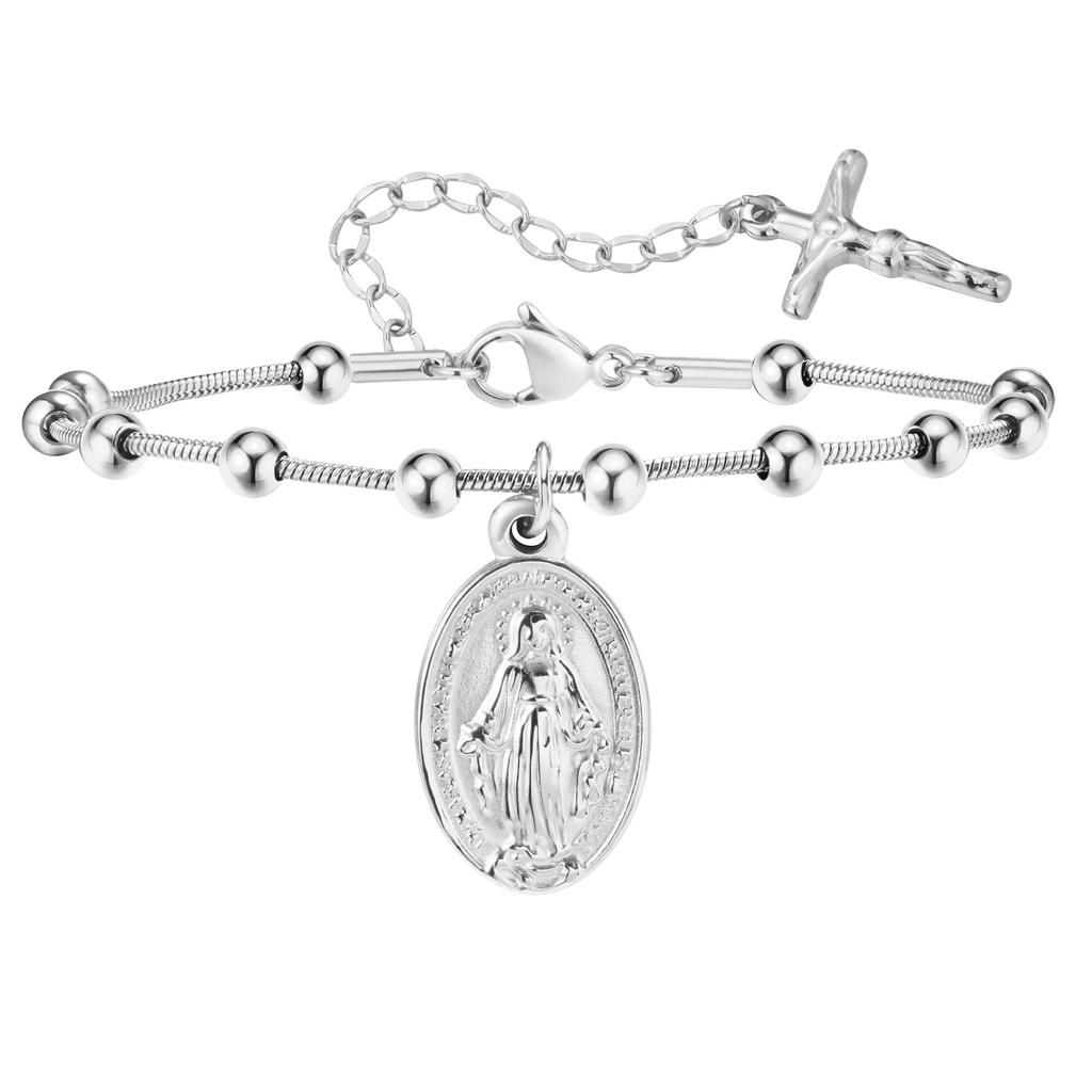 Vnox Stainless Steel Women's Rosary Bracelets, Saint Benedict Virgin Mary Jesus Cross Prayer Bracelet , Trendy Religion Jewelry