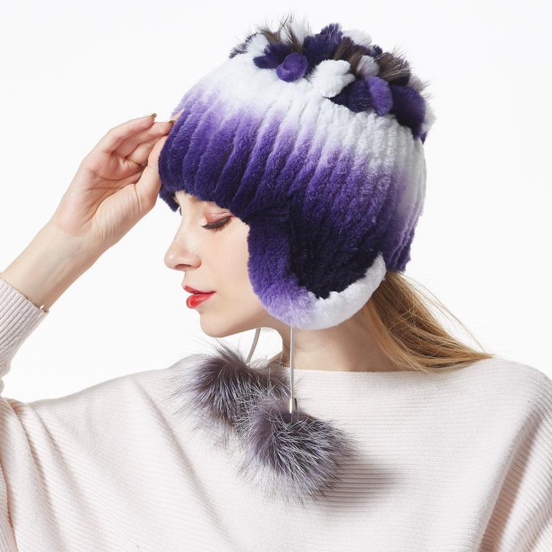 2019 Winter Bomber Hats for Women Rex Rabbit Fur Beanies Hat With Pompoms Women's Warm Knitted Hat Skullies Beanies Female Caps