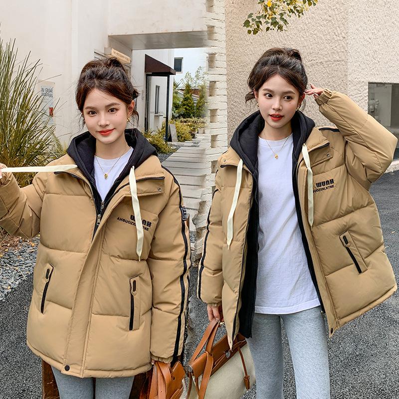 Padded clothes women's autumn and winter stripes color matching velvet thickened hooded top trendy casual padded clothes loose padded jacket