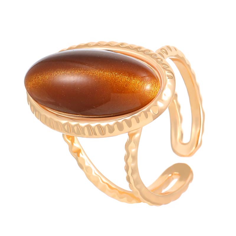 Vintage Metal Brown Stone Open Rings for Women Fashion Gold Color Geometric Oval Double Layered Adjustable Rings Jewelry Gifts