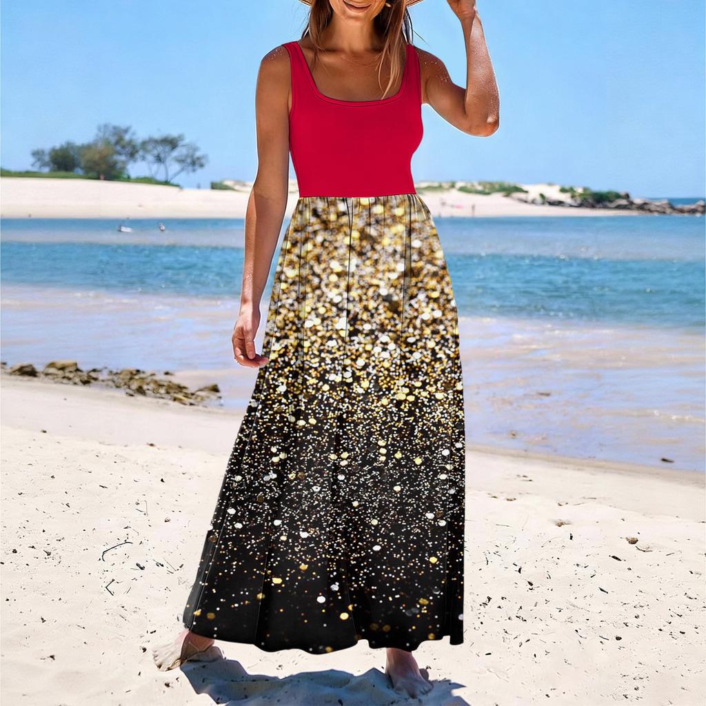 Ladies' floral print summer casual and fashionable sleeveless long dress