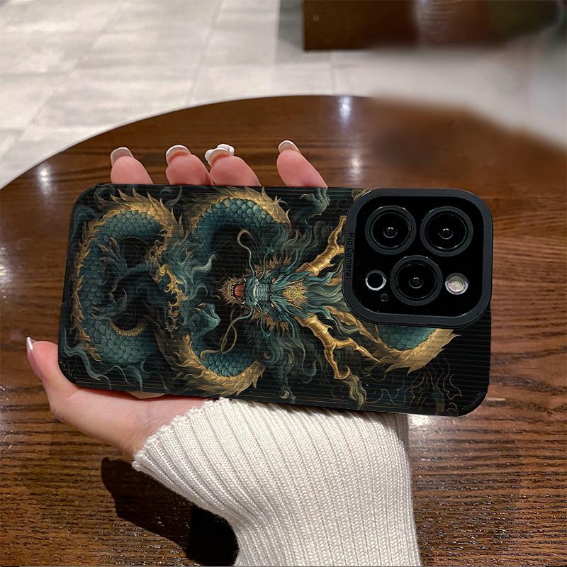 Husa din silicon moale pentru telefon din piele cu granulatie verticala, cu imprimeu dragon, husa din spate cu lentile camerei, protectie completa pentru iPhone