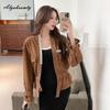 Korean Fashion Spring Autumn Women Brown Denim Jacket V Neck Beading Loose Basic Coat Long Sleeve Stylish Feminine Ladies' Outerwear