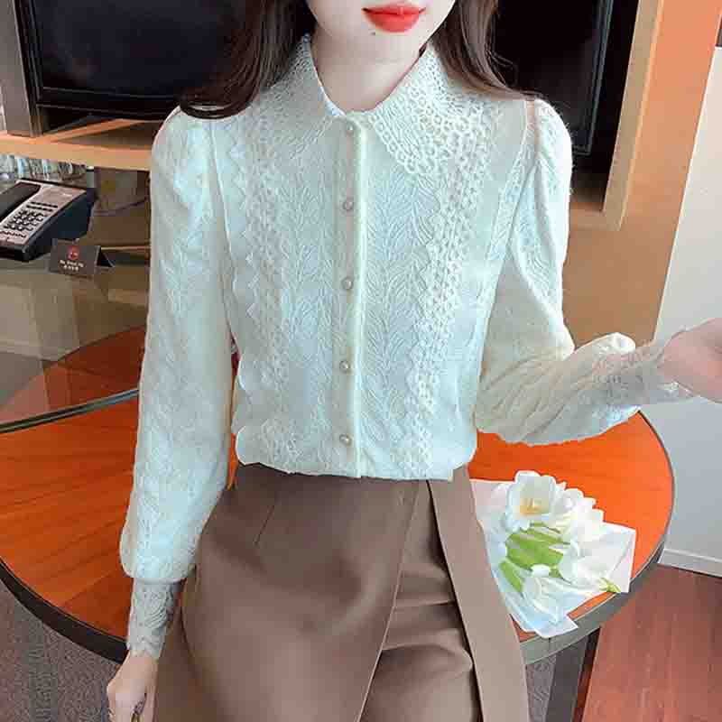 New 2025 Fashion Winter Long Sleeve Turn Down Collar Apricot Velvet Lace Blouse Shirt Women Tops Blouses Shirts J782