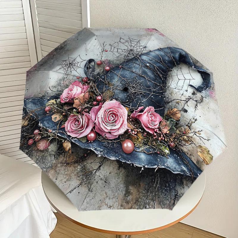 1ks Čarodějnický klobouk Vzor s květinami Design deštníku Automatické otevírání a zavírání Deštník, Vysoce kvalitní Cestovní deštník, Lehký a přenosný, -52