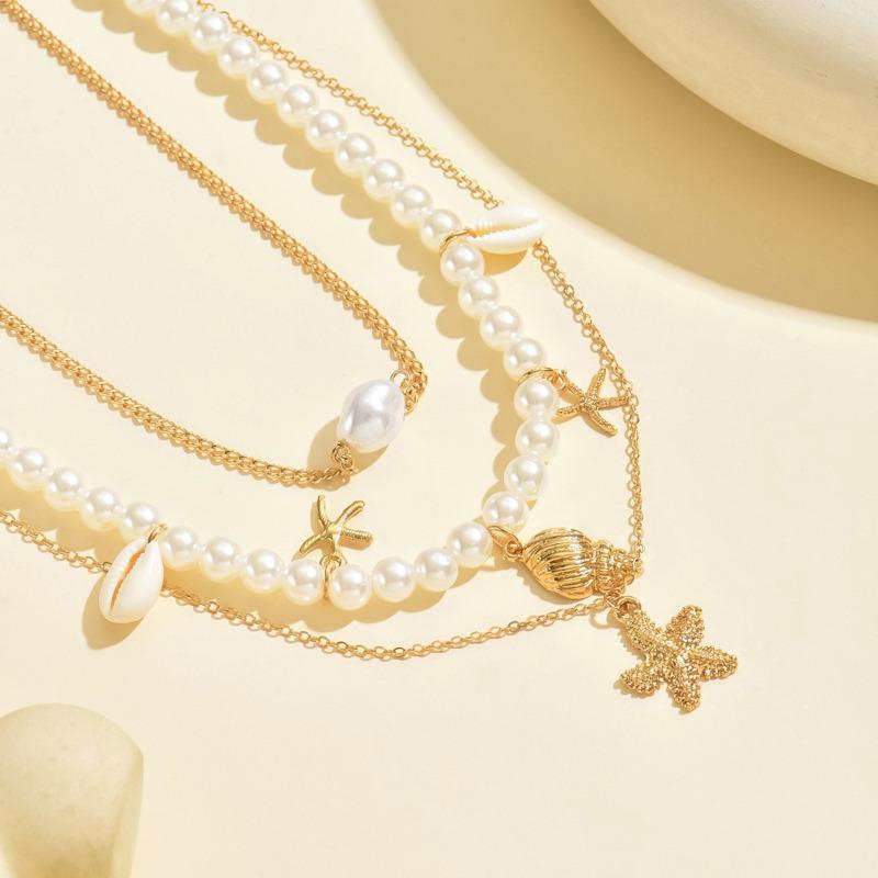 Vintage Ocean Style Beaded Imitation Pearl Starfish Shell Beach Necklace