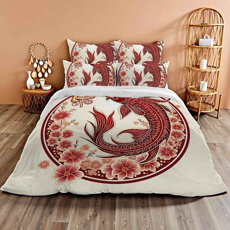 3D Digital Printing Bedding Two Or Three Piece Set Koi Polyester Quilt Cover