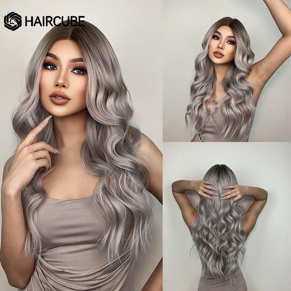 HAIRCUBE White Platinum Mixed Brown Synthetic Wigs Long Wavy Natural Hair Wigs for Women Middle Part Daily Heat Resistant Wigs