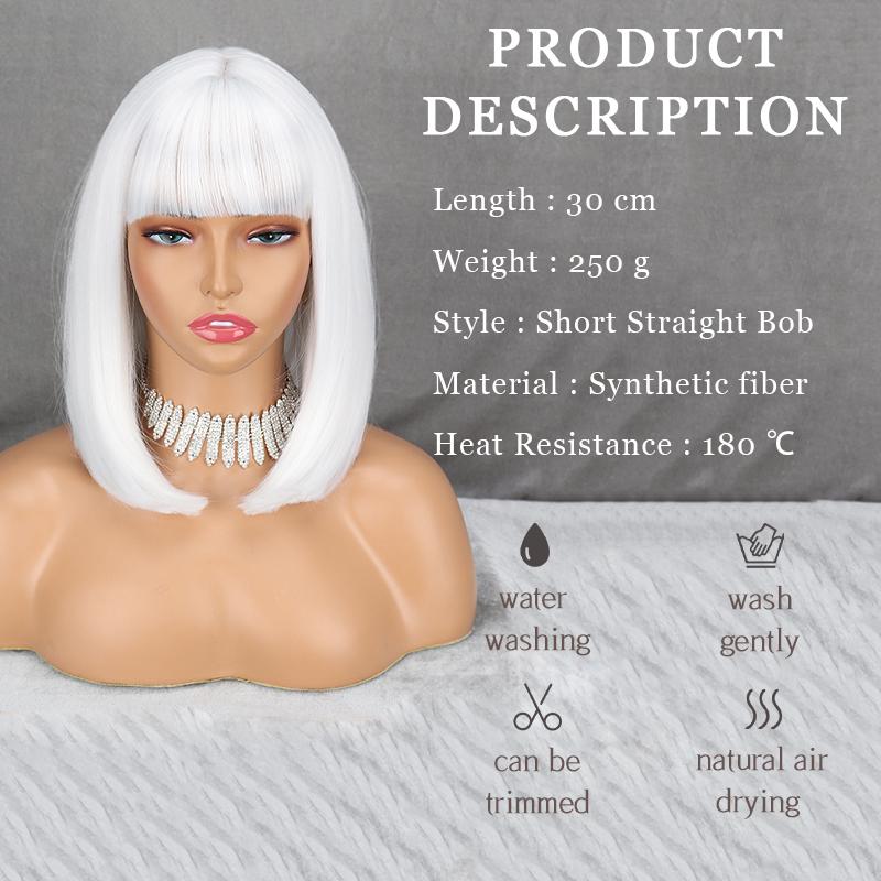 LISI HAIR Damenmode, kurze, reinweiße Bob-Perücke mit glattem Pony, Kunstfaser, schulterlang, glatt, Bob, weiß-silberne Perücke