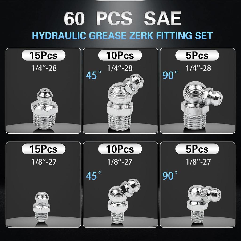 60Pcs Grease Fittings Kit, 1/4 & 1/8 Inch BSP Grease Zerk Fittings Assortment With 90 Degree, 45 Degree, And Straight Angle For Automotive, Tractors,