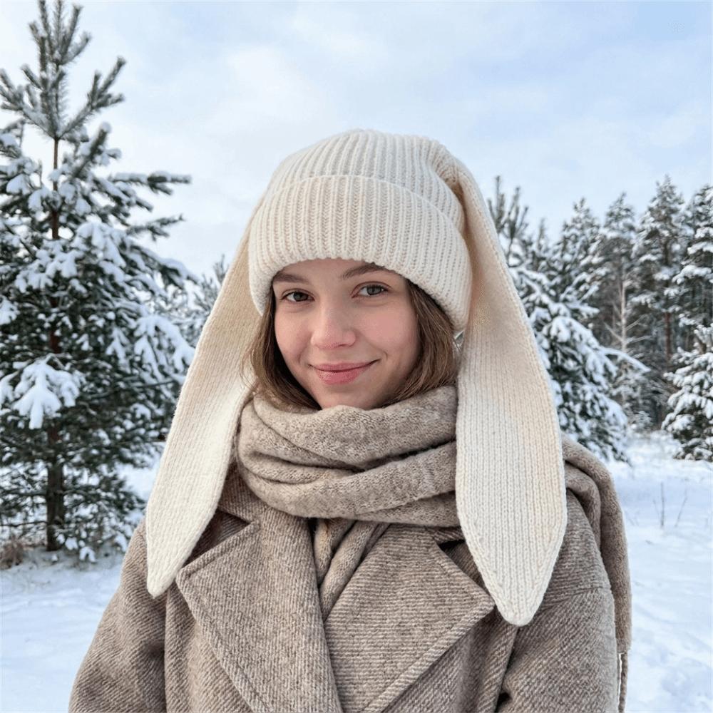 Cartoon Bunny Beanies Hat Solid Color Winter Pullover Hat Cute Rabbit Long Ear Knitted Hat Outdoor