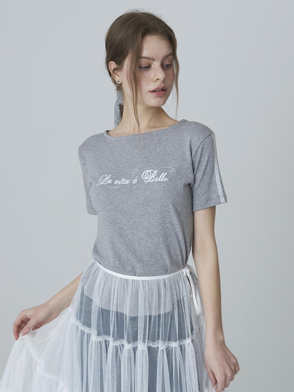 Adore Bell Lettering Cubic Boat Neck T-Shirt - Gray Free