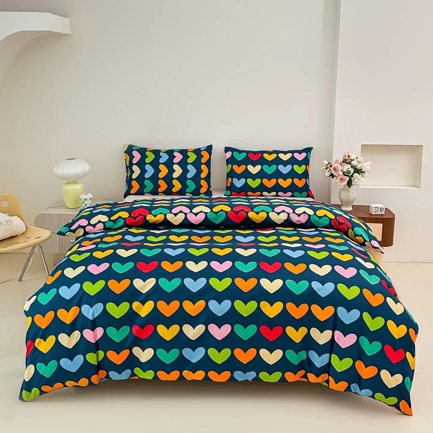 

3D Printed Bedding Set Colorful Love Heart Duvet Cover Set No Filler For Women Twin Queen Double Bed Size Home Decor Halloween Eu Single 135x200cm