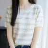 women striped knit t-shirt round neck short sleeve hollow out casual lightweight sweater