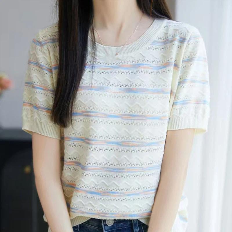 women striped knit t-shirt round neck short sleeve hollow out casual lightweight sweater