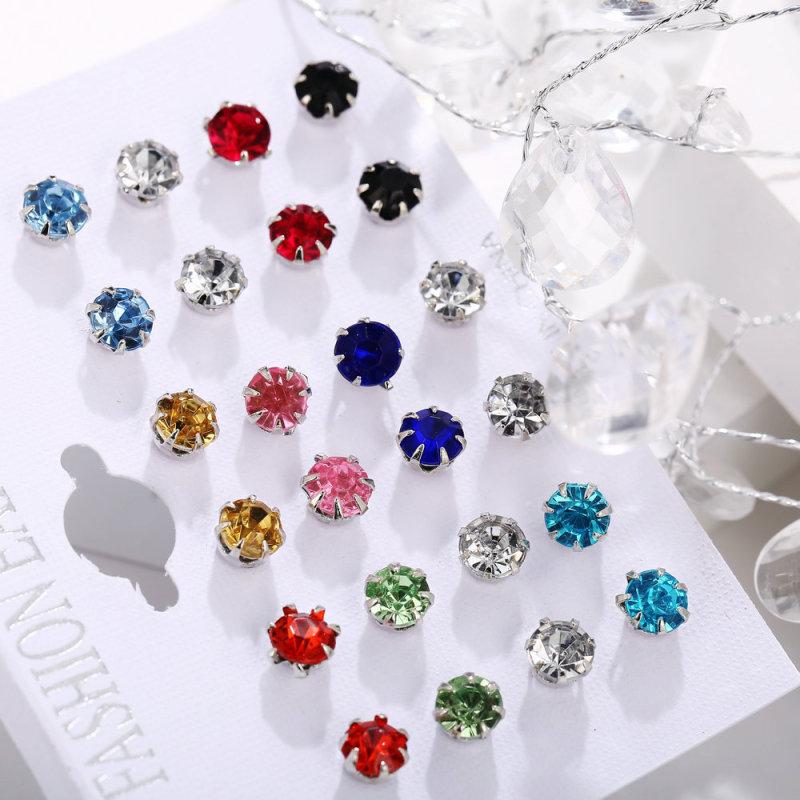 12 Paar/Set Damen Bunte Strass Ohrstecker Runde Kristall Einfache Ohrringe Schmuckset
