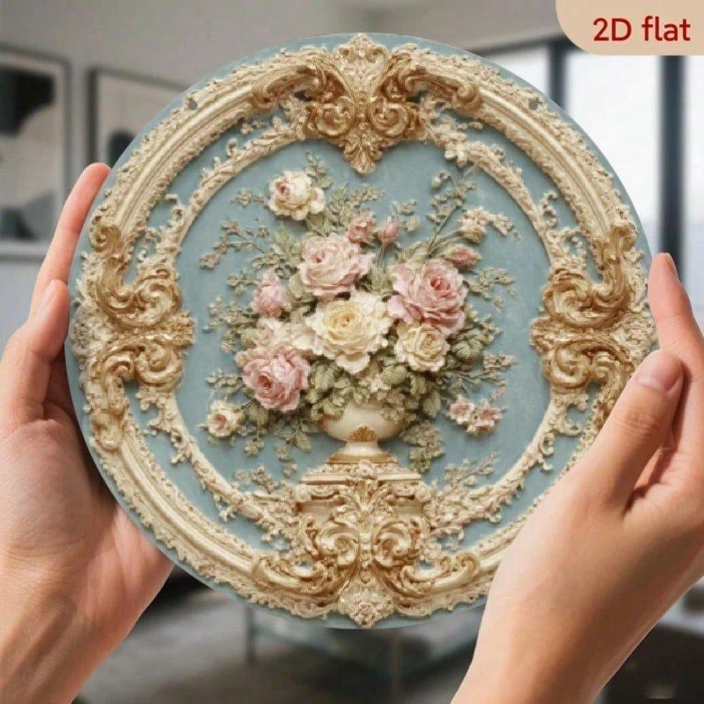 Antiker barocker goldener verzierter Rahmen Metall Wandkunst, zartrosa Rosen & grünes Laub Blumenschild, Elegante Wohnkultur