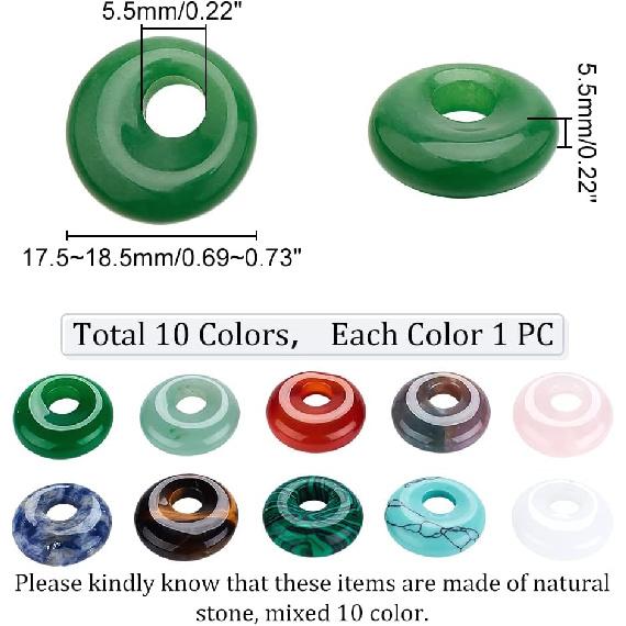 NBEADS 10 Pcs 10 Styles Natural Donut Gemstone Charms, 17.5mm Flat Round Mixed Natural and Synthetic Donut Stone Beads Pendants Natural Stone Pendant