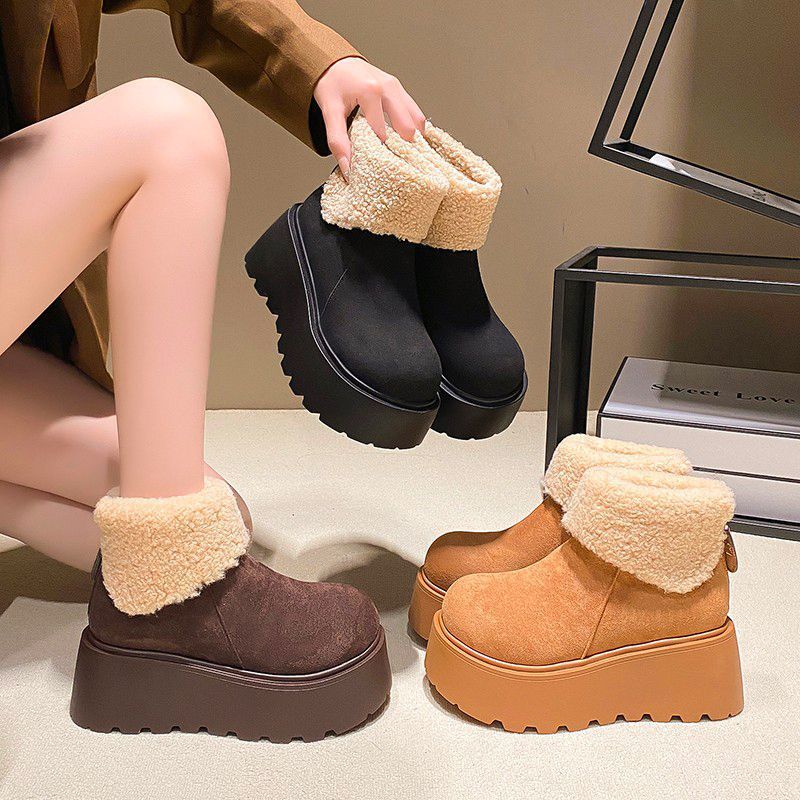 Popular velvet warm Birkenstock cotton boots British style platform retro brown snow boots women's winter