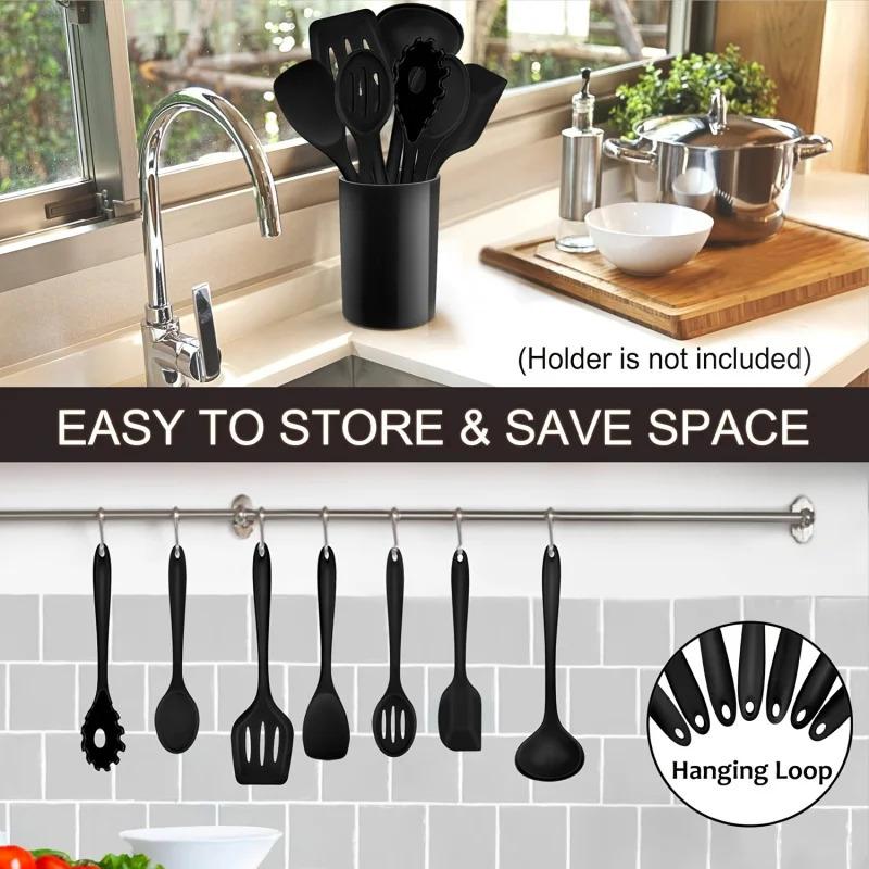 1/7-Piece Silicone Kitchen Utensil Set - Non-Stick Spatula, Spoon, Skimmer, Pasta Clip & More for Cooking & Baking