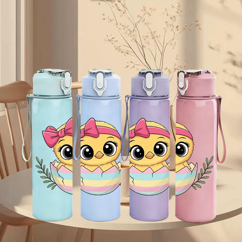 1PC Egg Chick With Bow 750ml Color Plastic Sports Water Bottle Leakproof Flip Straw Lid Suitable for Sports Office Home Use