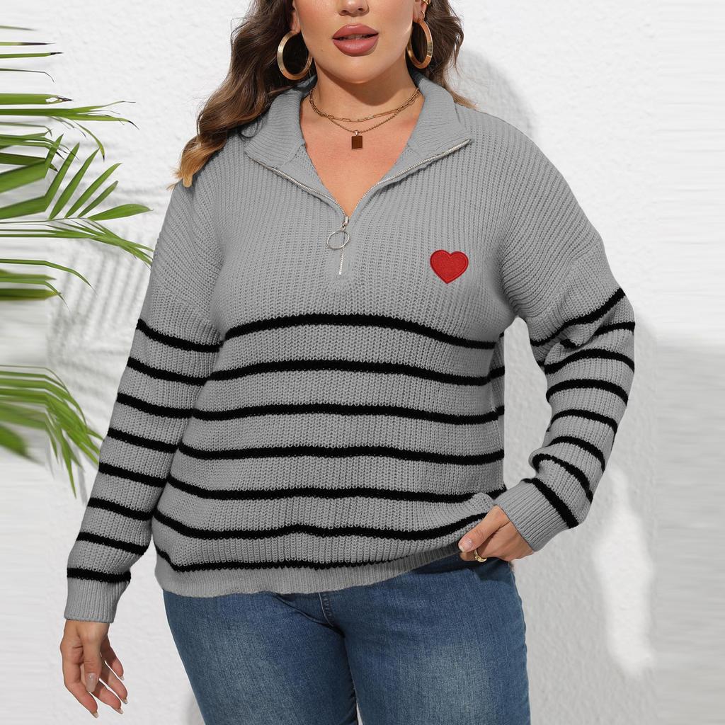 Women's Fashion Large Size Striped Stitching Half-Turtleneck Zipper Heart Knitted Sweater