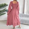 Autumn Winter Women Lace Up High Waist Long Sleeve Pleated Dress Solid Dot Temperament