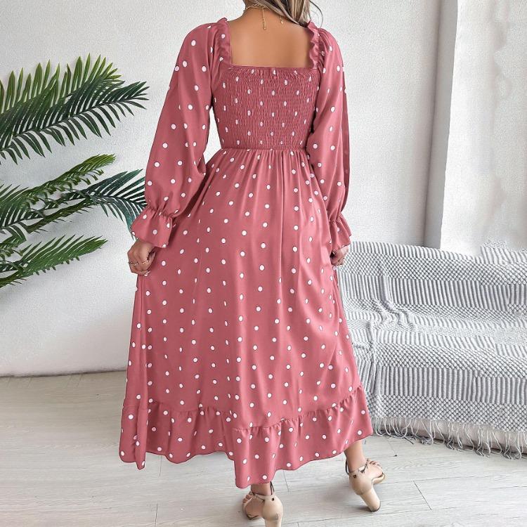Autumn Winter Women Lace Up High Waist Long Sleeve Pleated Dress Solid Dot Temperament