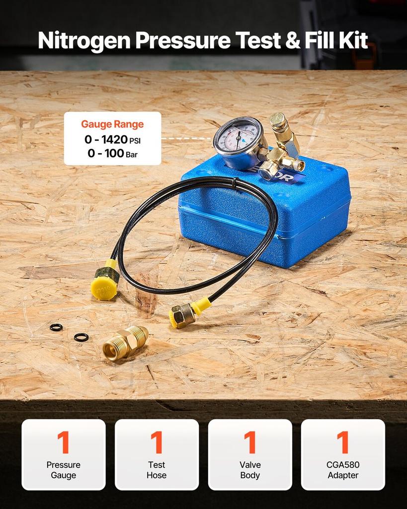 Hydraulic Nitrogen Accumulator Charging Kit, 0-100 Bar Nitrogen Fill Kit, Pressure Test System with 1 Pressure Gauge, 1 Gas Hose, 1 Valve Body and 1