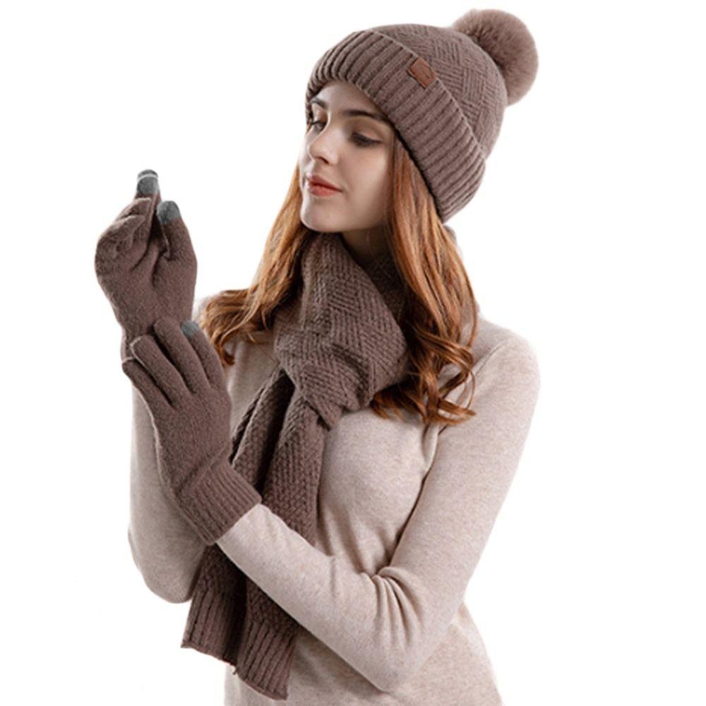 3Pcs/Set Neck Protection Knitted Hat Touchscreen Beanies Hat Winter Scarf Cap  Men Women