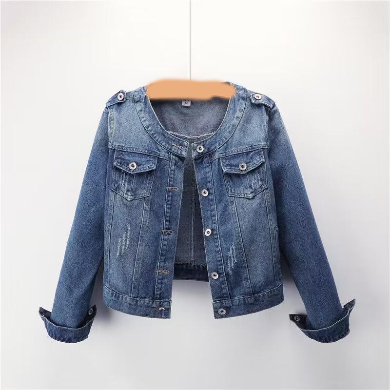 Women's Plus Size Round Neck Jacket Casual Short Tops Denim Jacket
