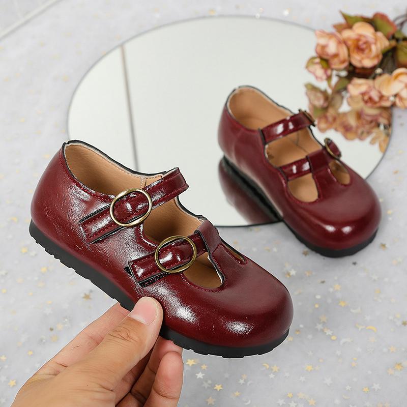 Baby Kids T-strap Leather Shoes New Autumn Toddler Mary Jane Flats with Double Buckle Soft Sole Retro Girls Party Flats 23 красный