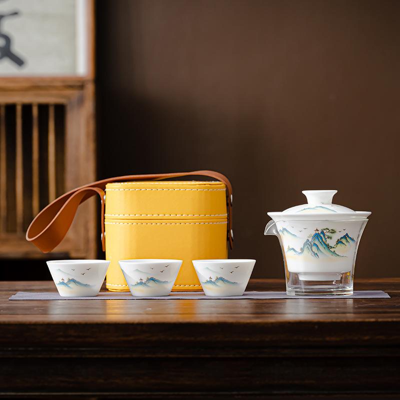 Travel Tea Set Mutton Fat Jade White Porcelain Kung Fu Tea Set Outdoor Portable Quick Guest Cup Holiday Gift Printing