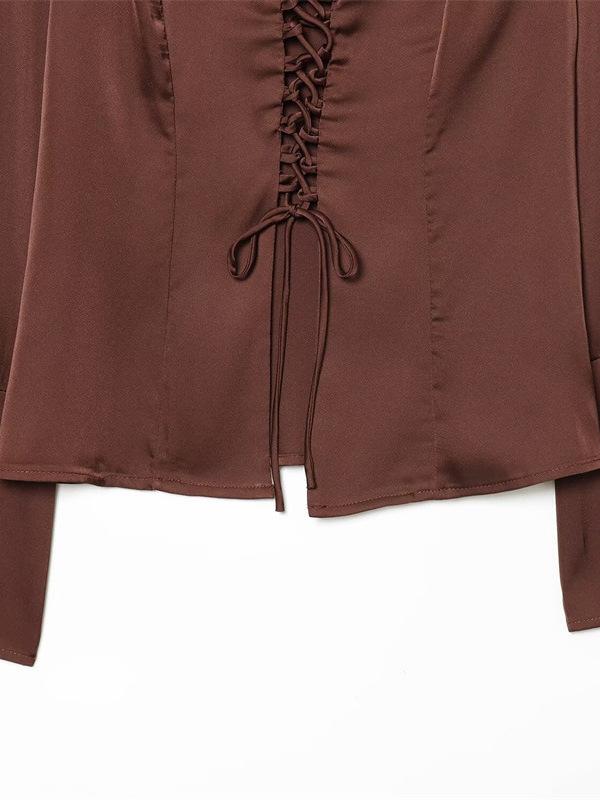 Kadınlar İçin Zarif Vintage Saten V Yaka Bağcıklı Uzun Kollu Üst