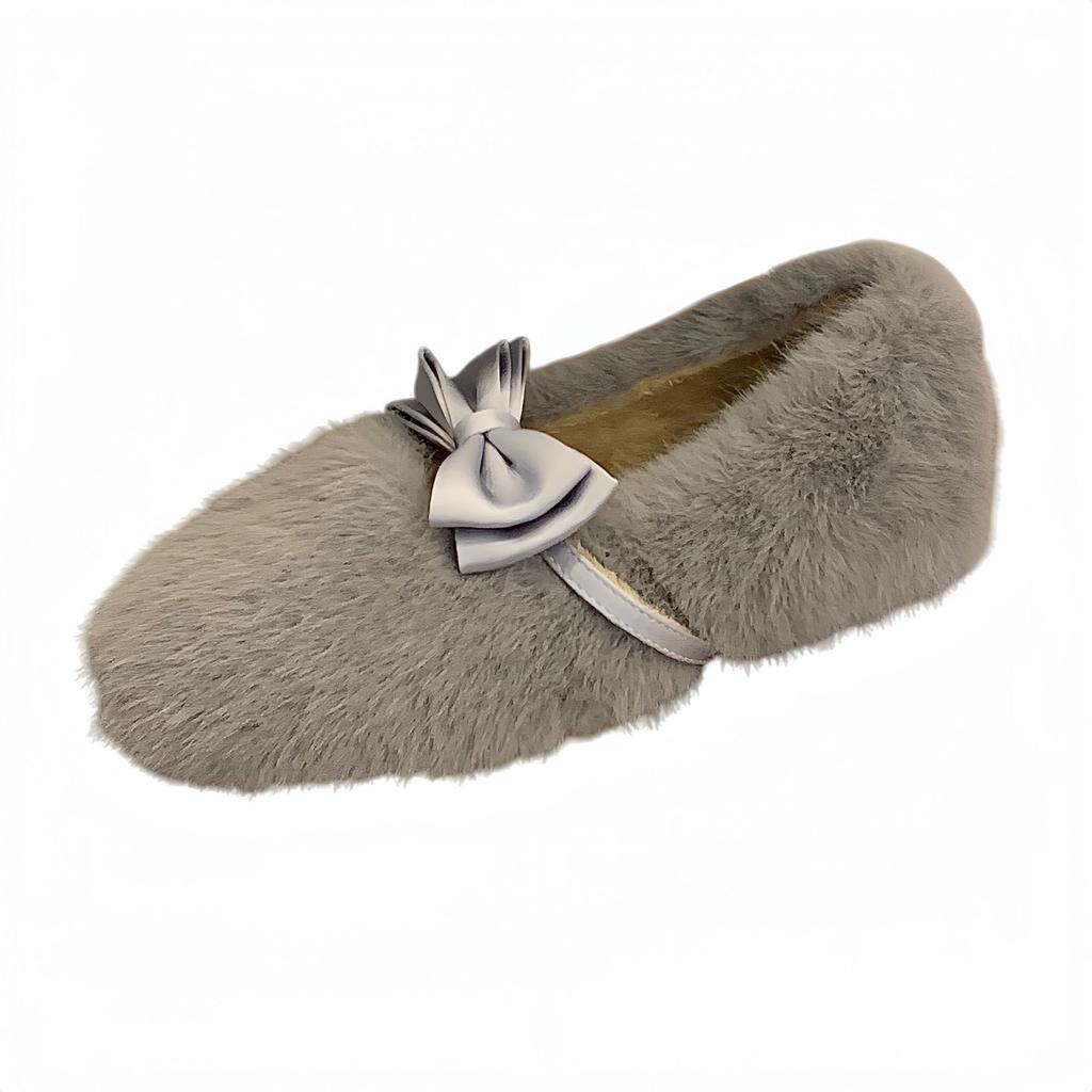2025 Autumn and Winter New Round Head Fluffy Bow with Inner Slope Heel Velvet Versatile Mary Jane Women's Single Shoes