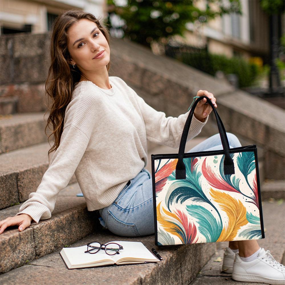 Fashion Colorful Feather Pattern Tote Bag Casual Daily Large Capacity Portable Handbag For Women Outdoor Shopping Travel Use