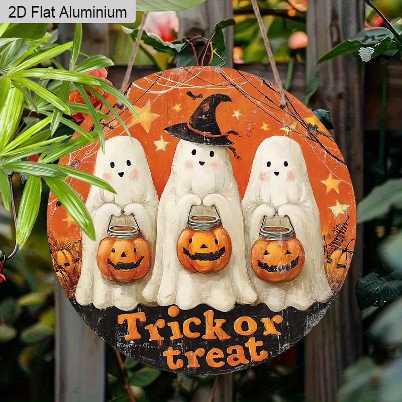 2D Flat Aluminium Halloween Sign with Adorable Ghosts Pattern - Trick or Treat Figurine Ornaments - Ideal for Front Door, Wall, Porch, Window Decor