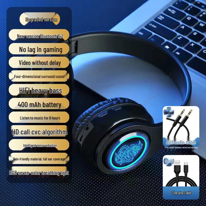 2025 Luminous Bluetooth Over-Ear Headphones with Heavy Bass and Large Earcups for Boys
