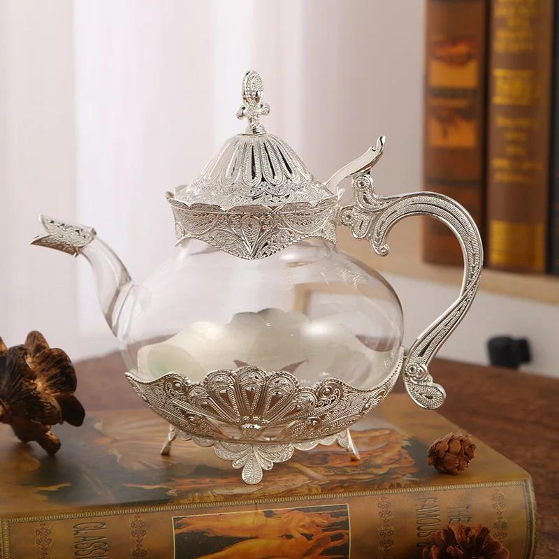 Elegant Alloy Glass Coffee Pot, Sugar Cup, European Style, Exquisite Hollow Carved, Household Pot, Ornaments