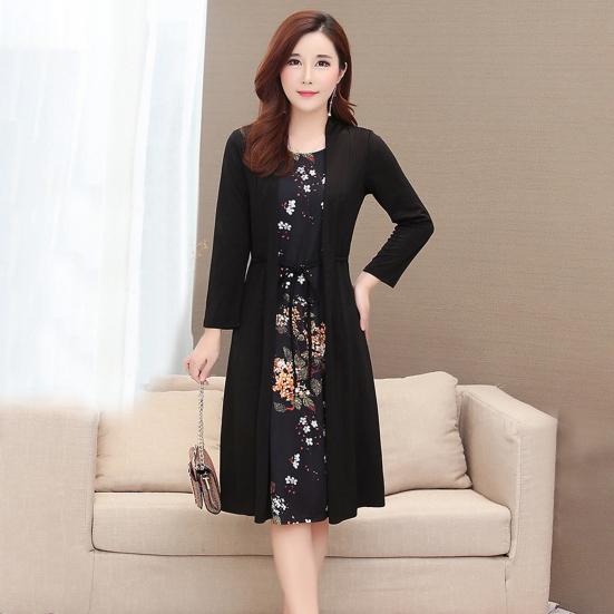 Sukienka z dekoltem O, długim rękawem, sznurowana w talii, dopasowana, elegancka, z nadrukiem w kwiaty, imitacja dwuczęściowego kardiganu, sukienka midi, odzież damska