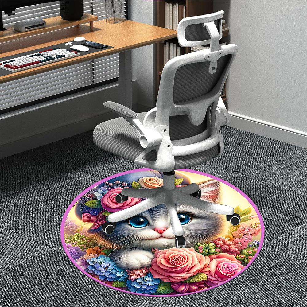

1pc Floral Cat Hat Chair Carpet for Office, Round Polyester Mat, Indoor Decor for Office, Easycare Fabric, Washable Non-slip Area Carpet 80cm